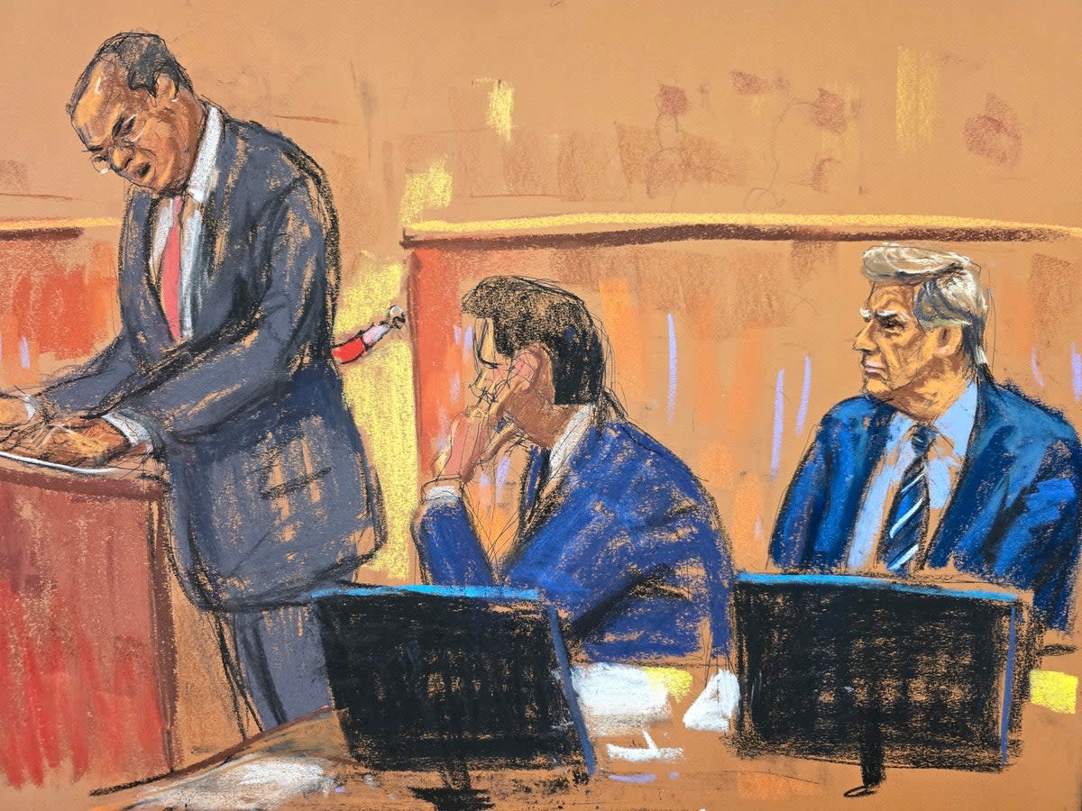 A courtroom sketch depicts Donald Trump sitting next to his attorney Todd Blanche while watching Manhattan prosecutor Joshua Steinglass inside a criminal courtoom on 16 April. (REUTERS)