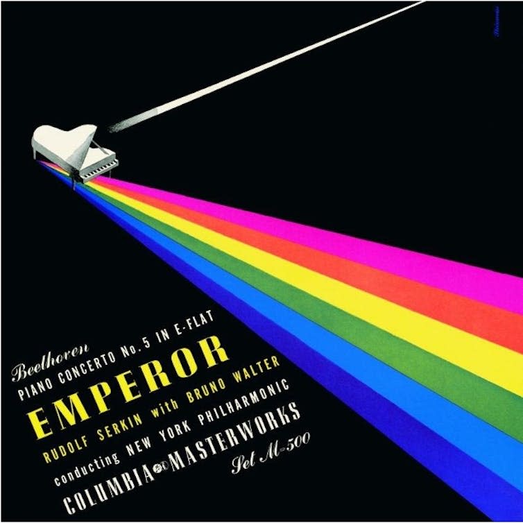 A black album cover showing a beam of light going into a piano and coming out a rainbow.