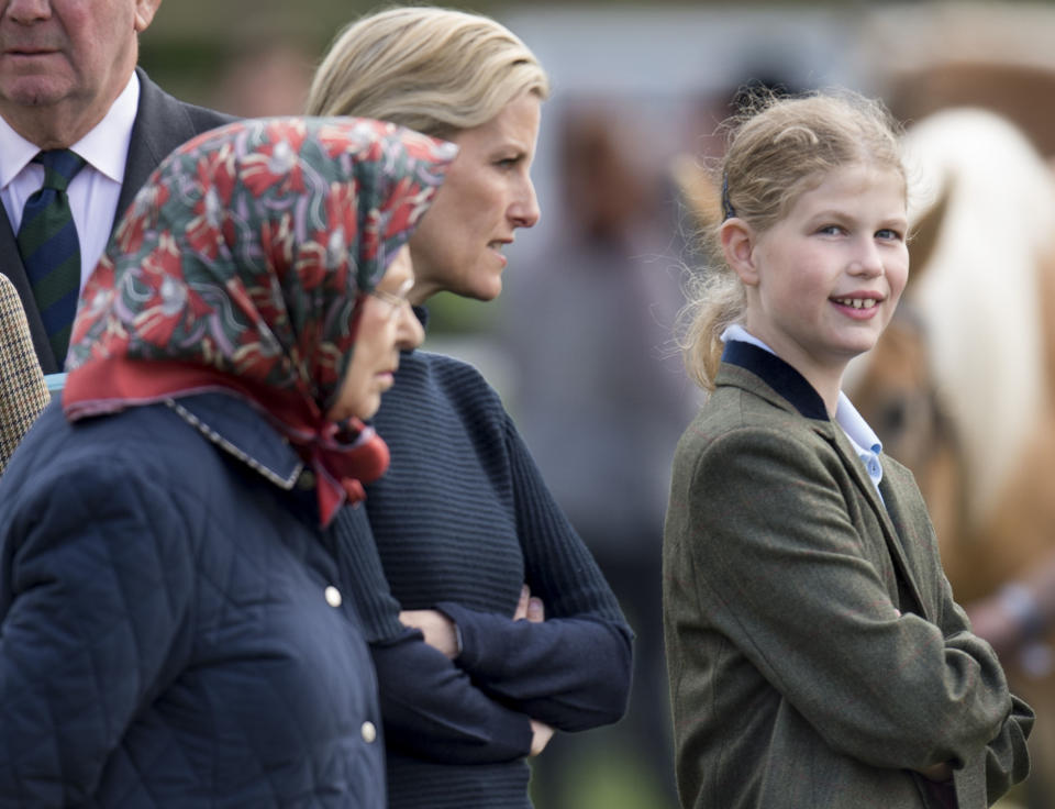 WINDSOR, ENGLAND - MAY 15:  Queen Elizabeth II with Sophie, Countess of Wessex and Lady Louise Windsor attend the Royal Windsor Horse show in the private grounds of Windsor Castle on May 15, 2015 in Windsor, England.  (Photo by Mark Cuthbert/UK Press via Getty Images)