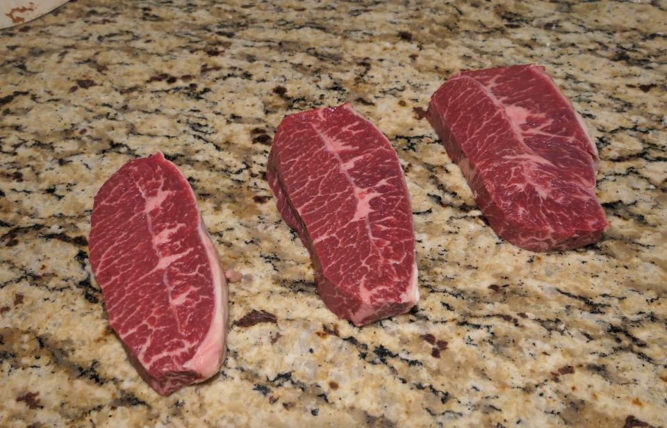 Three steaks from grass fed cattle at Agridime in Dickinson County, Kansas.