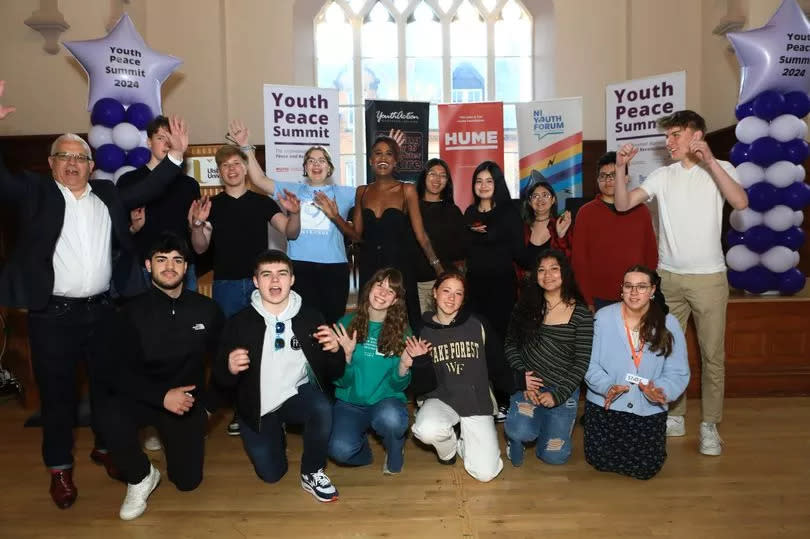 Some of the young people involved in today’s event along with keynote speaker, South African Human Rights Activist and Influencer, Candice Mama and Tim Attwood from the John and Pat Hume Foundation