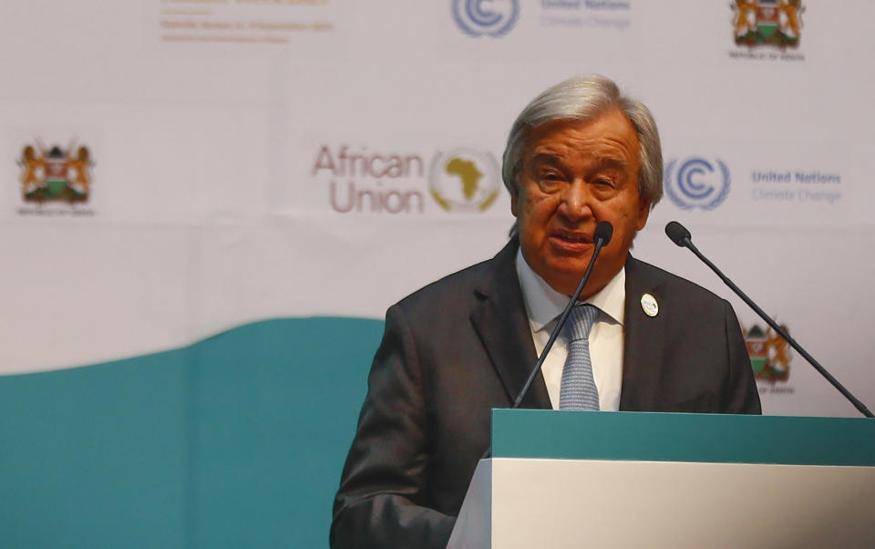 United Nation Secretary-General Antonio Guterres, addresses at Kenyatta International Conference Centre in Nairobi, Kenya Tuesday, Sept. 5, 2023, during the Africa Climate Summit. (AP Photo/Brian Inganga)