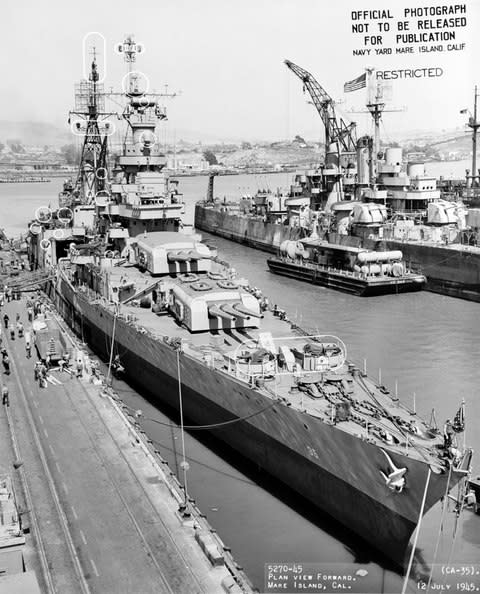 The World War II cruiser USS Indianapolis (CA 35), which was lost July 30, 1945 is seen off the Mare Island Navy Yard, California, U.S. on July 12, 1945, after her final overhaul and repair of combat damage. Circles on photo mark recent alterations to the ship. - Credit:  REUTERS