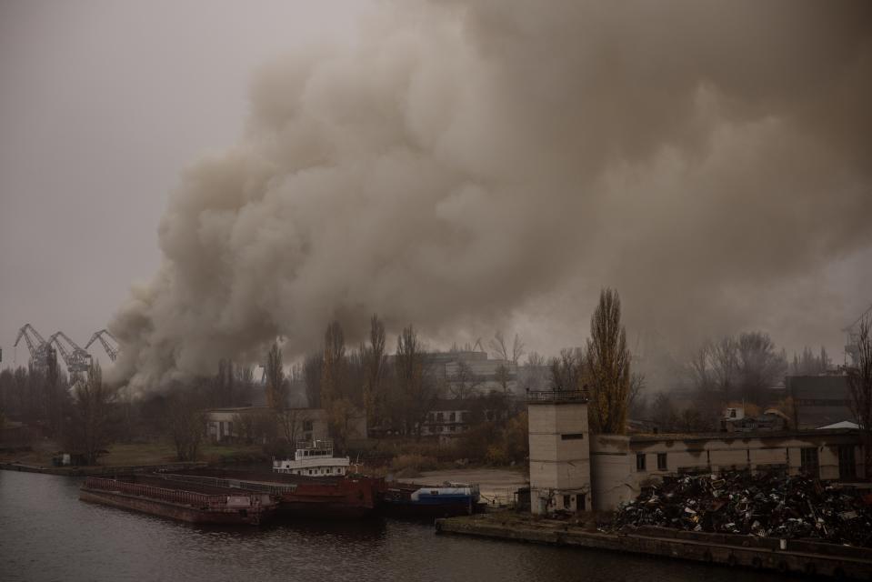 A fire burns after a Russian strike in the Kherson ship yards on November 24, 2022 in Kherson, Ukraine.