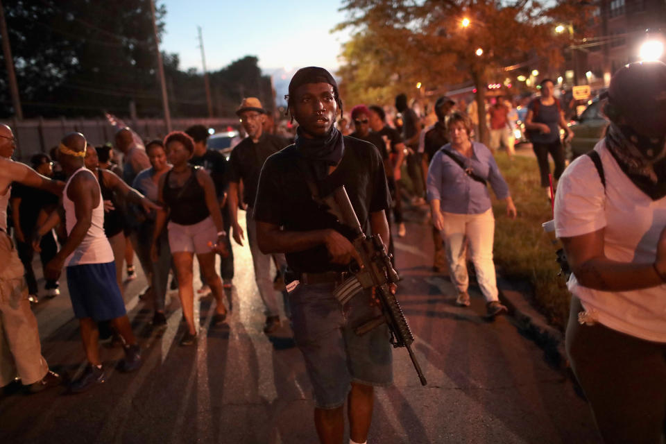 <p>Demonstrators protesting the acquittal of former St. Louis police officer Jason Stockley march through University City neighborhood on Sept. 16, 2017 in St. Louis, Mo. (Photo: Scott Olson/Getty Images) </p>