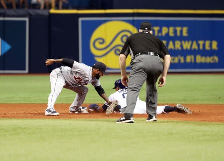 Jul 11, 2018; St. Petersburg, FL, USA; Tampa Bay Rays right fielder Mallex Smith (0) steals second base as he slides in safe and Detroit Tigers shortstop Ronny Rodriguez (60) attempted to tag him out during the eighth inning at Tropicana Field. Mandatory Credit: Kim Klement-USA TODAY Sports