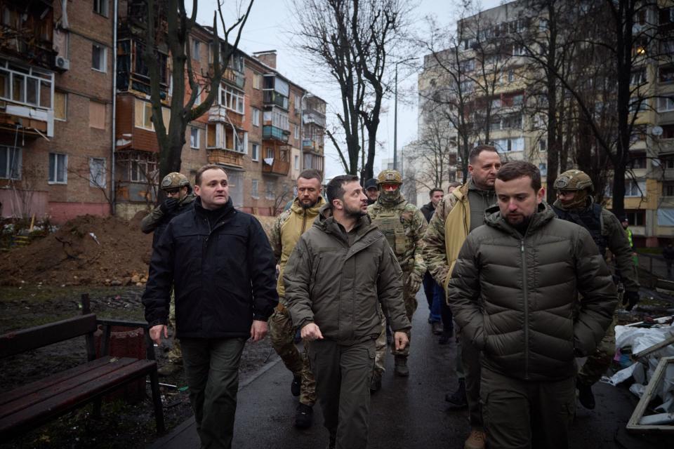 Volodymyr Zelensky inspects a residential building in Vyshgorod damaged in Russian missile attack (HANDOUT/UKRAINIAN PRESIDENTIAL PRESS SER/AFP via Getty Images)