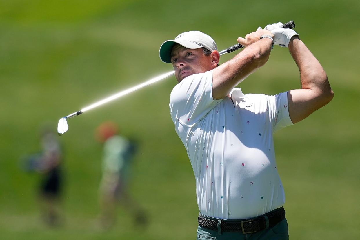 Rory McIlroy, of Northern Ireland, hits from the first fairway during the third round of the Memorial golf tournament on Saturday in Dublin, Ohio. McIlroy defends the title he won in 2019 at this week's RBC Canadian Open in Toronto.