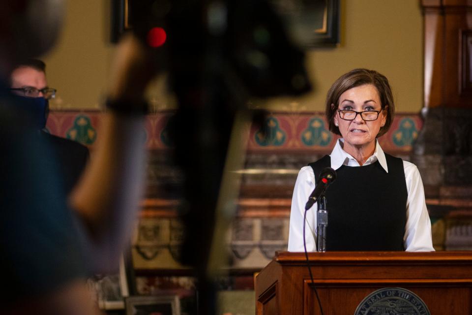 Gov. Kim Reynolds at a news conference on Nov. 5, 2020.