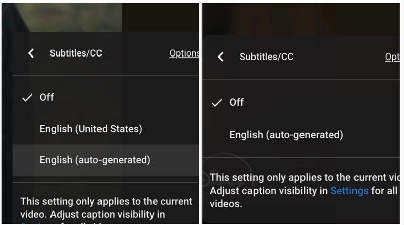 Left, the subtitle setting on every other video on Star Wars YouTube. Right, the settings on “Plan” - Screenshot: YouTube