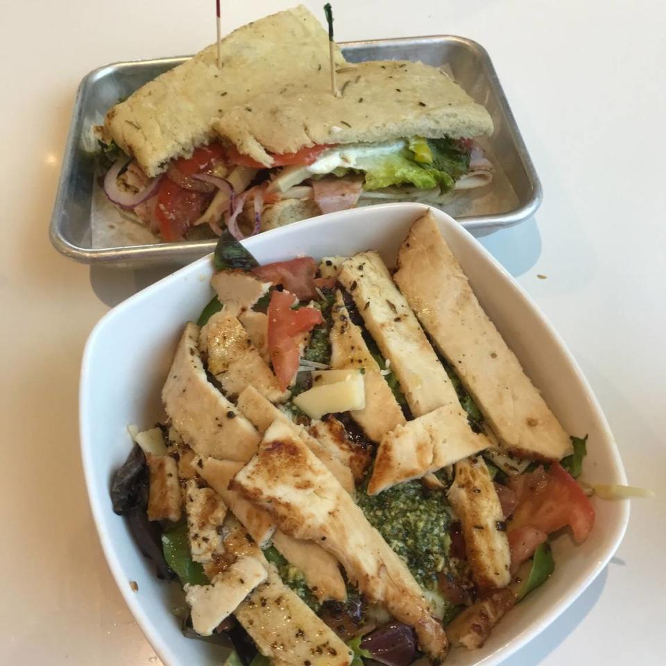 Among the luncheon entrees offered at Farmhouse House of Bread in San Luis Obispo are, from top, the HOB Club with turkey, ham and cheddar on focaccia and a gluten-free salad version of the California Fusion sandwich with turkey, provolone, artichoke hearts and housemade pesto.