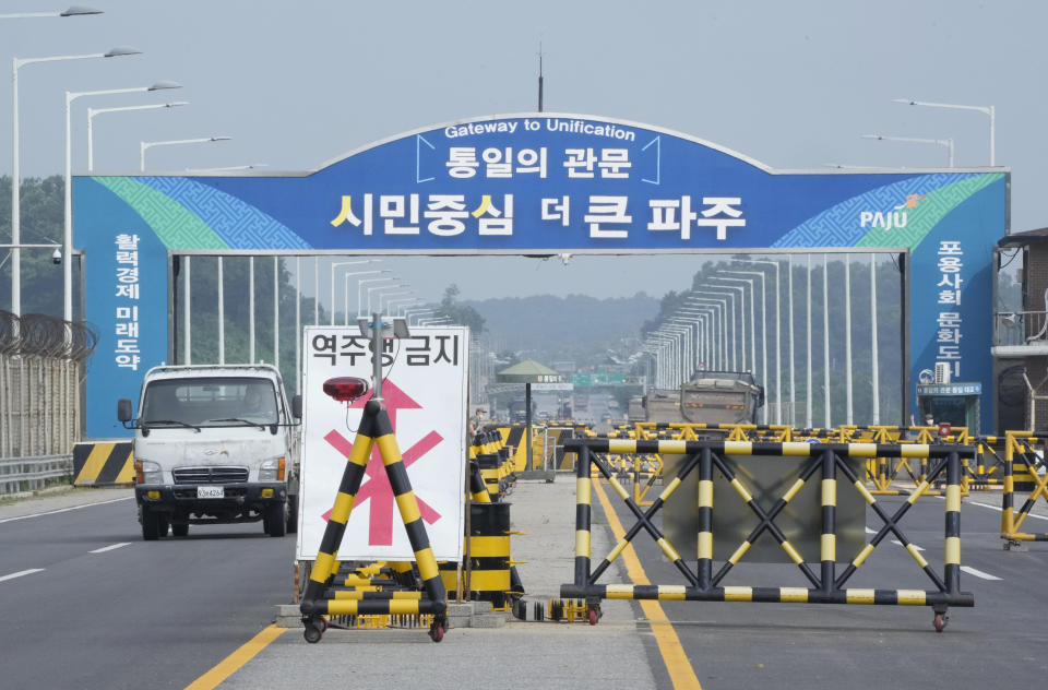 Barricades are placed near the Unification Bridge, which leads to the Panmunjom in the Demilitarized Zone in Paju, South Korea, Wednesday, July 19, 2023. An American soldier who had served nearly two months in a South Korean prison, fled across the heavily armed border into North Korea, U.S. officials said Tuesday, becoming the first American detained in the North in nearly five years. (AP Photo/Ahn Young-joon)