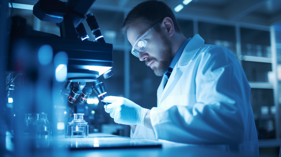 A close up of a scientist in a laboratory working on a microscope examining potential phage therapies.