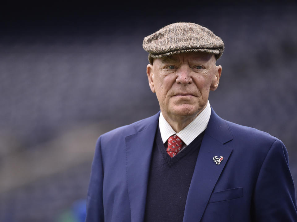 FILE - In this Jan. 7, 2017, file photo, Texans owner Robert "Bob" McNair walks on the turf before an AFC Wild Card NFL game between the Texans and the Oakland Raiders, in Houston. McNair, billionaire founder and owner of the Texans, has died. He was 81. One of the NFL's most influential owners, McNair had battled both leukemia and squamous cell carcinoma in recent years before dying in Houston on Friday, Nov. 23, 2018. (AP Photo/Eric Christian Smith, File)