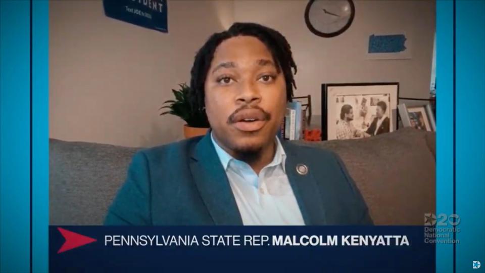 August 18, 2020; Milwaukee, WI, USA; (Editors Note: Screen grab from Democratic National Convention video stream) State Rep. Malcolm Kenyatta of Pa., speaks to viewers during the Democratic National Convention at the Wisconsin Center.