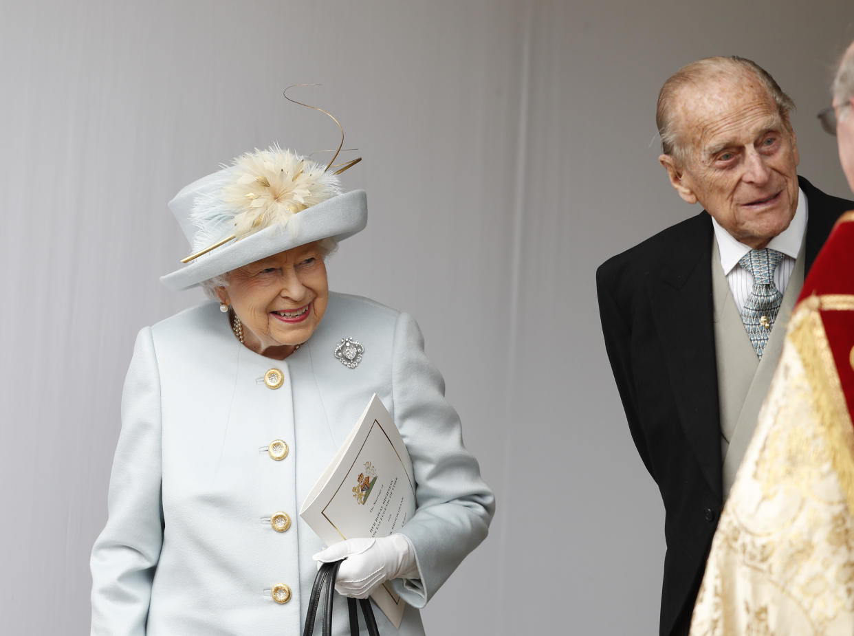 WINDSOR, ENGLAND - OCTOBER 12: Queen Elizabeth II and Prince Philip, Duke of Edinburgh look on after the wedding of Princess Eugenie of York and Mr. Jack Brooksbank at St. George's Chapel on October 12, 2018 in Windsor, England. (Photo by Alastair Grant - WPA Pool/Getty Images)