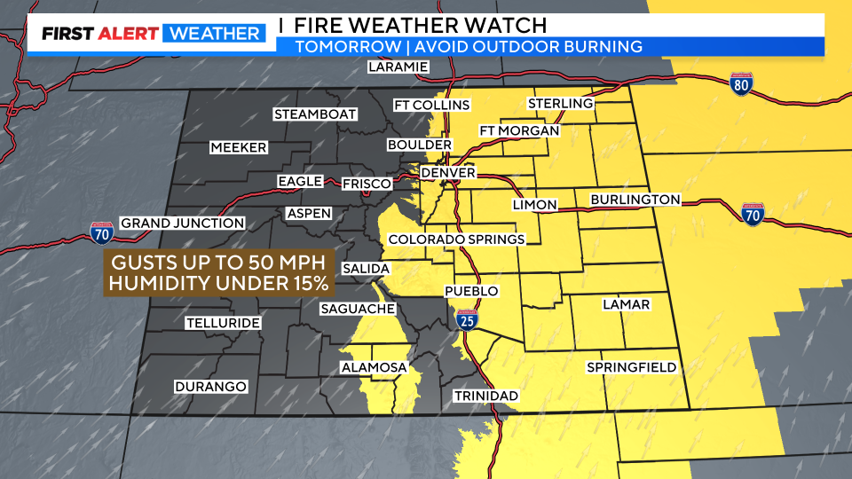 Officials warned of heightened fire danger in parts of Colorado this week as relative humidity dropped below 15% while wind gusts increased to 50 miles per hour. / Credit: CBS