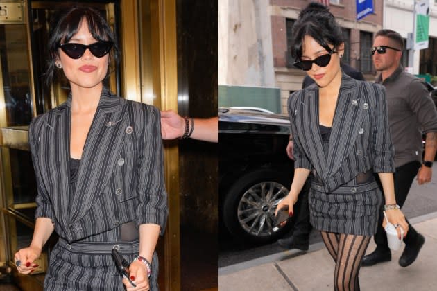 Jenna Ortega Continues Her Method Dressing Streak for ‘Beetlejuice Beetlejuice’ in Striped Vivienne Westwood Miniskirt Suit