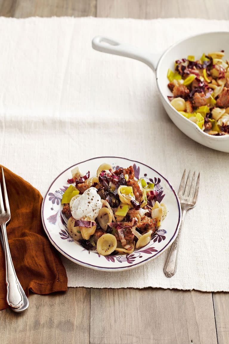 <p>Spice up a basic pasta dish with some sausage, radicchio, and red pepper flakes for a colorful and fun plate.</p><p><em><a href="https://www.womansday.com/food-recipes/food-drinks/recipes/a39480/orecchiette-sausage-radicchio-recipe-clv0214/" rel="nofollow noopener" target="_blank" data-ylk="slk:Get the Orecchiette with Sausage and Radicchio recipe." class="link ">Get the Orecchiette with Sausage and Radicchio recipe. </a></em></p>