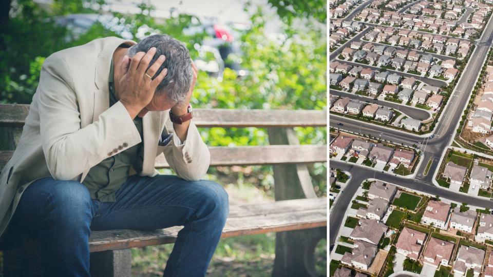 A man with head buried in hands on a park bench on the left and an overhead shot of suburban houses on the right.