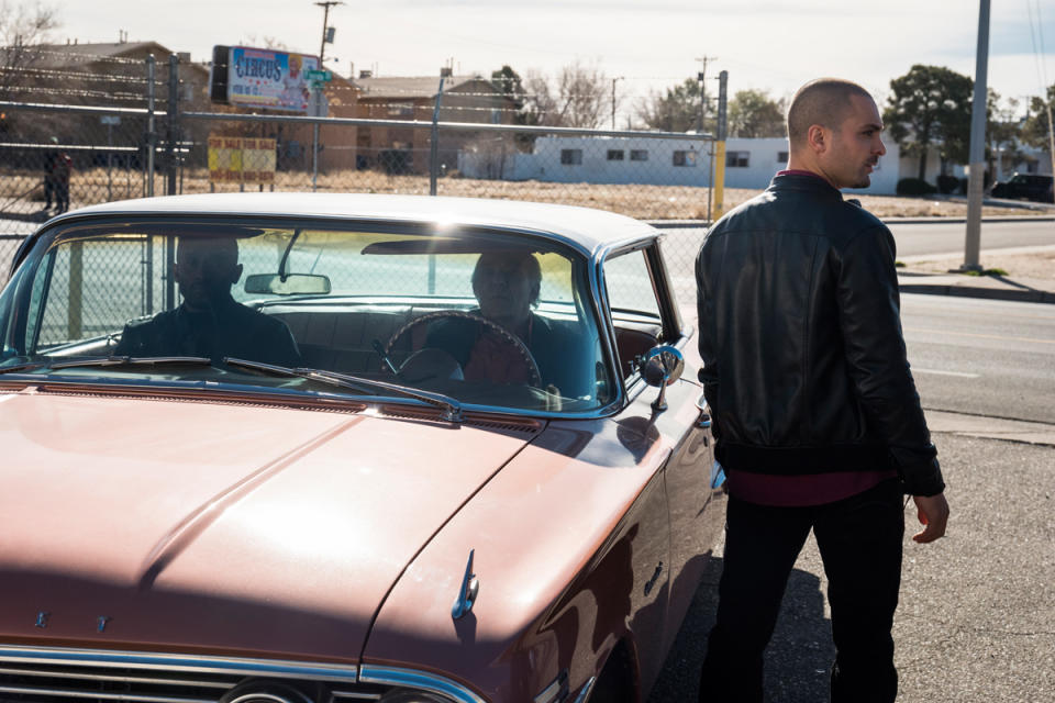 <p>Michael Mando as Nacho Varga, Mark Margolis as Hector Salamanca and Vincent Fuentes as Arturo in AMC’s Better Call Saul. (Credit: Michele K. Short/AMC/Sony Pictures Television) </p>