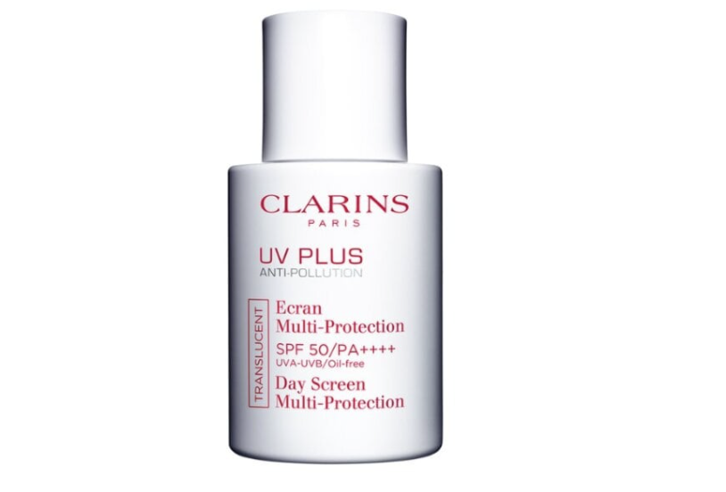 Clarins UV Plus with SPF50+++ is a white bottle with red text.