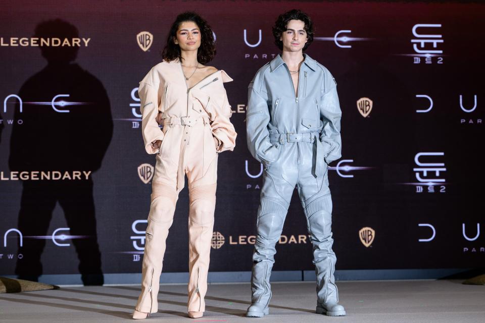 Timothee Chalamet and Zendaya pose during a press conference for the film "Dune: Part Two" in Seoul on February 21, 2024.