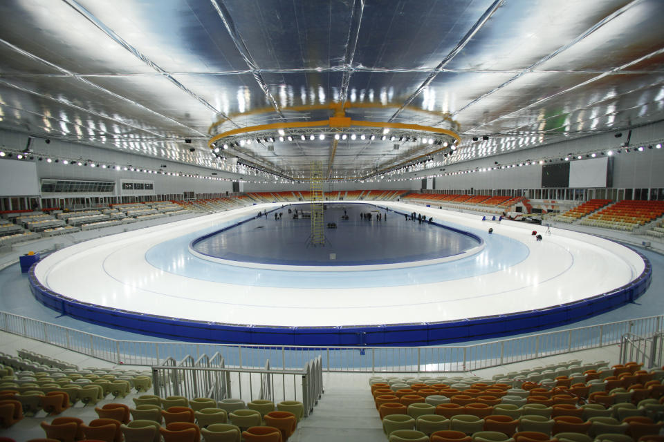 FOR STORY RUSSIA SOCHI YEAR TO GO - In this photo dated Wednesday, Jan. 30, 2013, The inside view of the Adler-arena speed skating venue at the Russian Black Sea resort of Sochi, with just one year till the opening ceremony of the winter Olympic 2014 Sochi Games. The Black Sea resort of Sochi is a vast construction site sprawling for nearly 40 kilometers (25 miles) along the coast and 50 kilometers (30 miles) up into the mountains, with no escape from the clang and clatter of the construction works, the drilling, jack-hammering and mixing of cement. (AP Photo/Igor Yakunin)