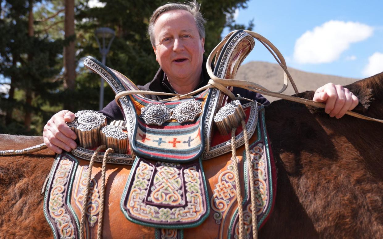 Lord Cameron, the Foreign Secretary, is pictured today posing for a photo with one of the Prime Minister of Mongolia's horses during a visit to the Ikh Tenger Complex in Ulaanbaatar, Mongolia