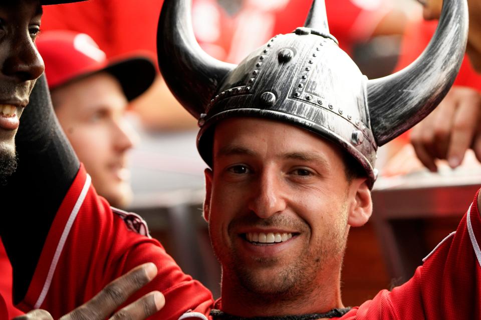 Cincinnati Reds left fielder Spencer Steer (7) celebrates his two-run homerun with second baseman Kevin Newman (28) against the Chicago Cubs during the first inning at Wrigley Field in Chicago on Aug. 2, 2023.