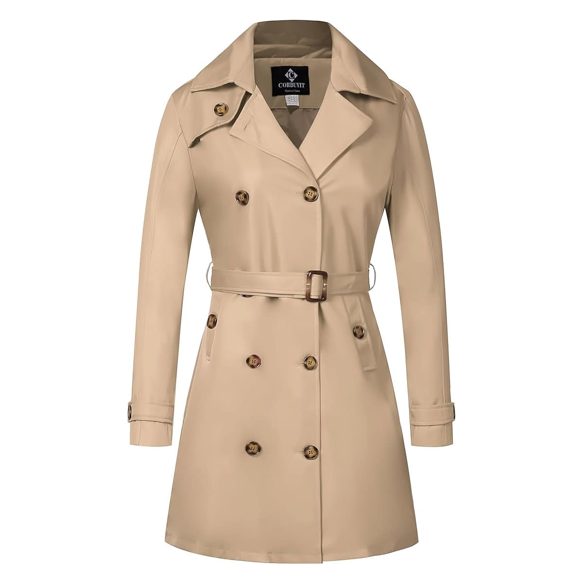 CorBuyit Double Breasted Mid-Length Belted Trench Coat