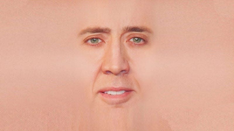 Nicolas Cage's face on a rectangle of human skin.