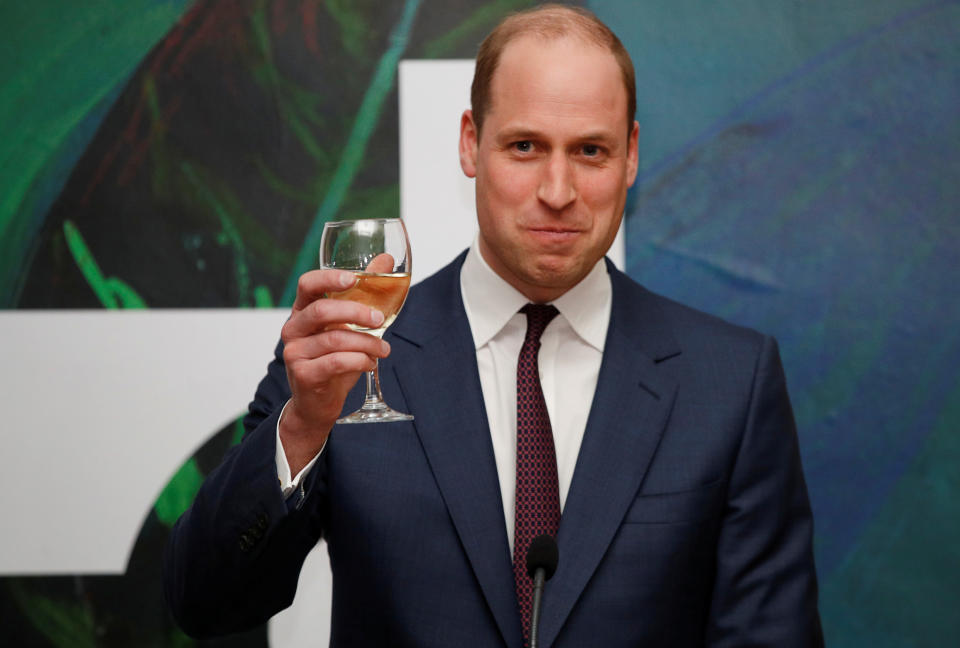 Britain's Prince William rises his glass as he and his wife Catherine, Duchess of Cambridge, attend a reception held by Irish Tanaiste (Deputy Prime Minister) Simon Coveney in Dublin, Ireland March 4, 2020. REUTERS/Phil Noble/Pool