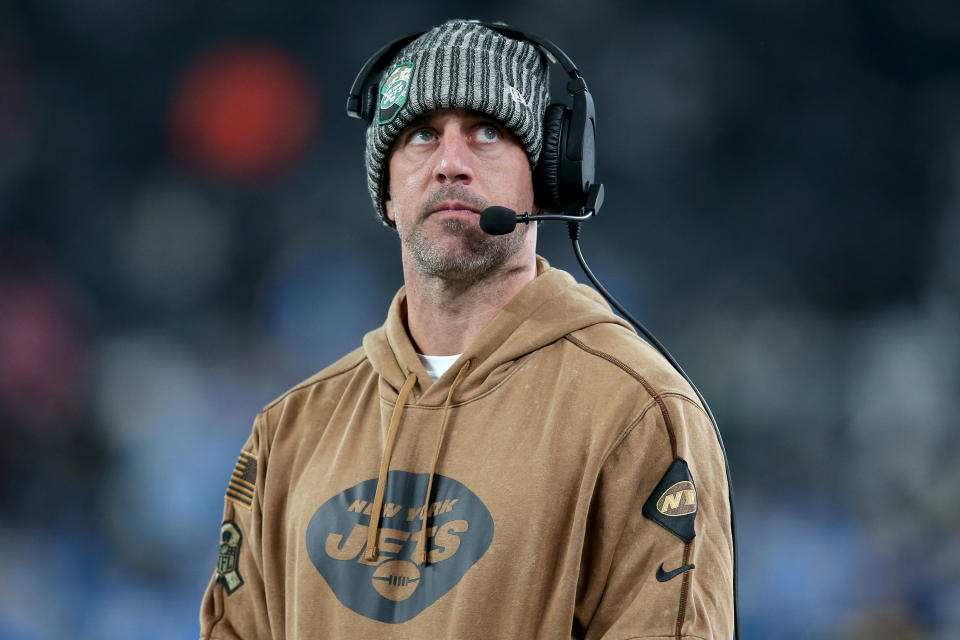 Nov 6, 2023; East Rutherford, New Jersey, USA; New York Jets injured quarterback Aaron Rodgers reacts during the fourth quarter against the <a class="link " href="https://sports.yahoo.com/nfl/teams/la-chargers/" data-i13n="sec:content-canvas;subsec:anchor_text;elm:context_link" data-ylk="slk:Los Angeles Chargers;sec:content-canvas;subsec:anchor_text;elm:context_link;itc:0">Los Angeles Chargers</a> at MetLife Stadium. Mandatory Credit: Brad Penner-USA TODAY Sports