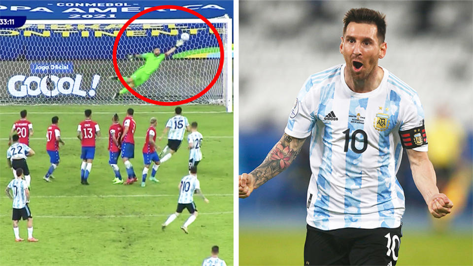 Lionel Messi (pictured right) celebrating after he scored a screamer for Argentina (pictured left).