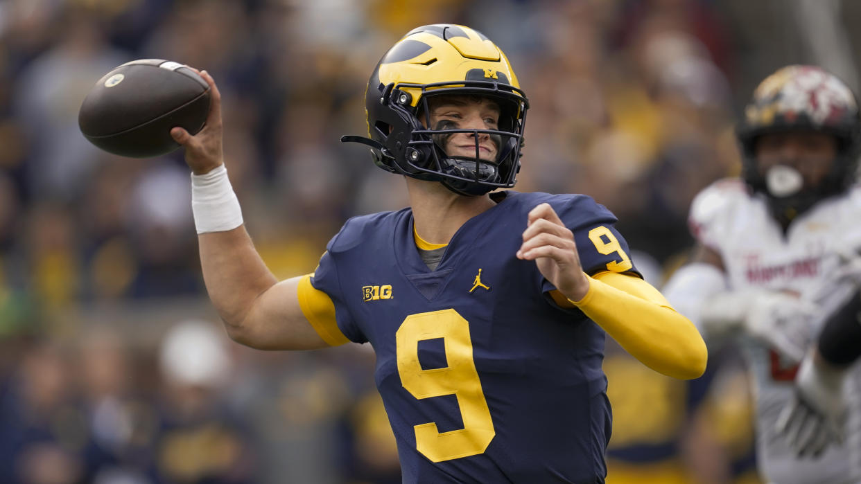 Michigan quarterback J.J. McCarthy throws against Maryland in Ann Arbor, Mich., on Sept. 24, 2022. (AP Photo/Paul Sancya)