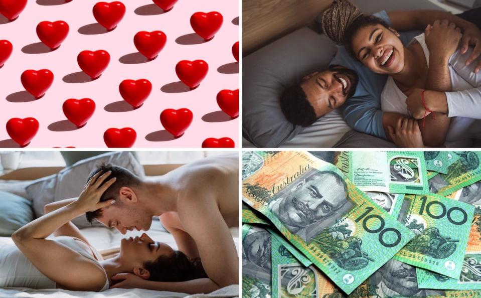 Compilation image of love hearts, pile of $100 notes, and two couples in embrace