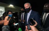 Democratic presidential candidate former Vice President Joe Biden speaks to media as he arrives at New Castle Airport, in New Castle, Del., Wednesday, Sept. 23, 2020, as he returns Charlotte, N.C. (AP Photo/Carolyn Kaster)