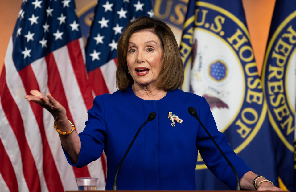 WASHINGTON, DC, UNITED STATES, JANUARY 9, 2020: U.S. Representative Nancy Pelosi (D-CA) speaks during her weekly press conference at HVC Studio A in Washington, DC.- PHOTOGRAPH BY Michael Brochstein / Echoes Wire/ Barcroft Media (Photo credit should read Michael Brochstein / Echoes Wire / Barcroft Media via Getty Images)