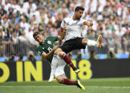 <p>Germany’s midfielder Sami Khedira (R) and Mexico’s defender Hector Moreno (L) fall after attempting to head the ball during the Russia 2018 World Cup Group F football match between Germany and Mexico at the Luzhniki Stadium in Moscow on June 17, 2018. (Photo by Patrik STOLLARZ / AFP) </p>