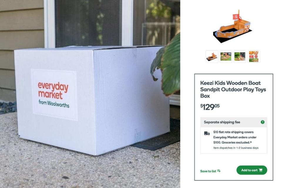 Woolworths Everyday Market delivery box alongside sandpit boat product listing