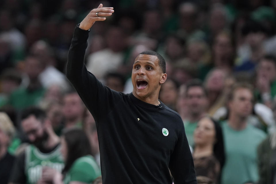 Boston Celtics head coach Joe Mazzulla shouts from the bench during the first half of Game 7 against the Philadelphia 76ers in the NBA basketball Eastern Conference semifinal playoff series, Sunday, May 14, 2023, in Boston. (AP Photo/Steven Senne)