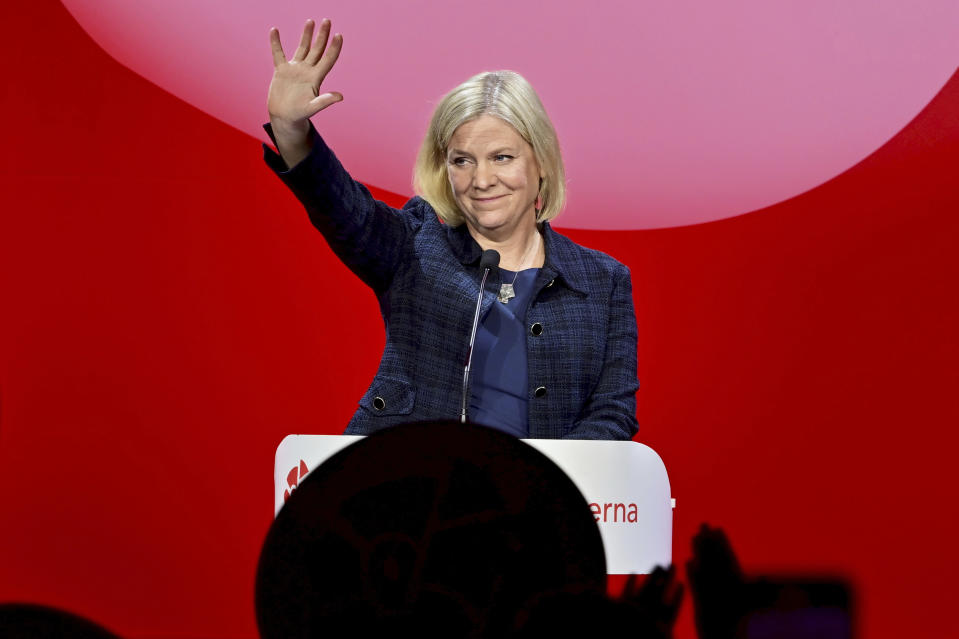 Sweden's Prime Minister and Social Democratic party leader Magdalena Andersson delivers a speech at the Social Democratic Party election watch at the Waterfront Conference Center in Stockholm, Sweden, late Sunday night, Sept. 11, 2022. An exit poll projected that Sweden’s ruling left-wing Social Democrats have won the most votes in a general election Sunday, while a right-wing populist party had its best showing yet. (Jonas Ekströmer/TT News Agency via AP)