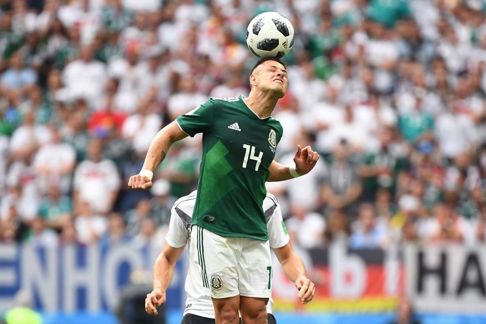 <p>Mexico’s forward Javier Hernandez heads the ball during the Russia 2018 World Cup Group F football match between Germany and Mexico at the Luzhniki Stadium in Moscow on June 17, 2018. (Photo by Kirill KUDRYAVTSEV / AFP) </p>