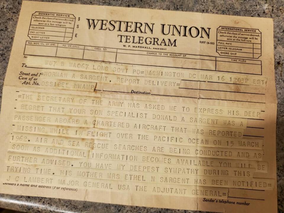 The families of 93 servicemen received telegram similar to this one received by the family of Donald Sargent.