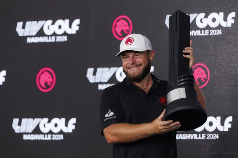 England's Tyrrell Hatton holds the winner's trophy after his first LIV Golf victory came on Sunday at Nashville (Brett Carlsen)