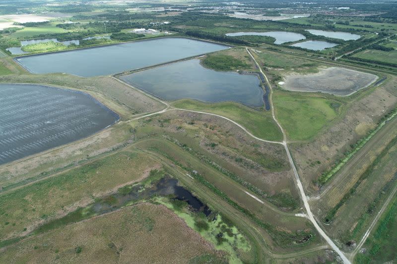 A reservoir of an old phosphate plant is seen in an aerial photograph taken in Piney Point