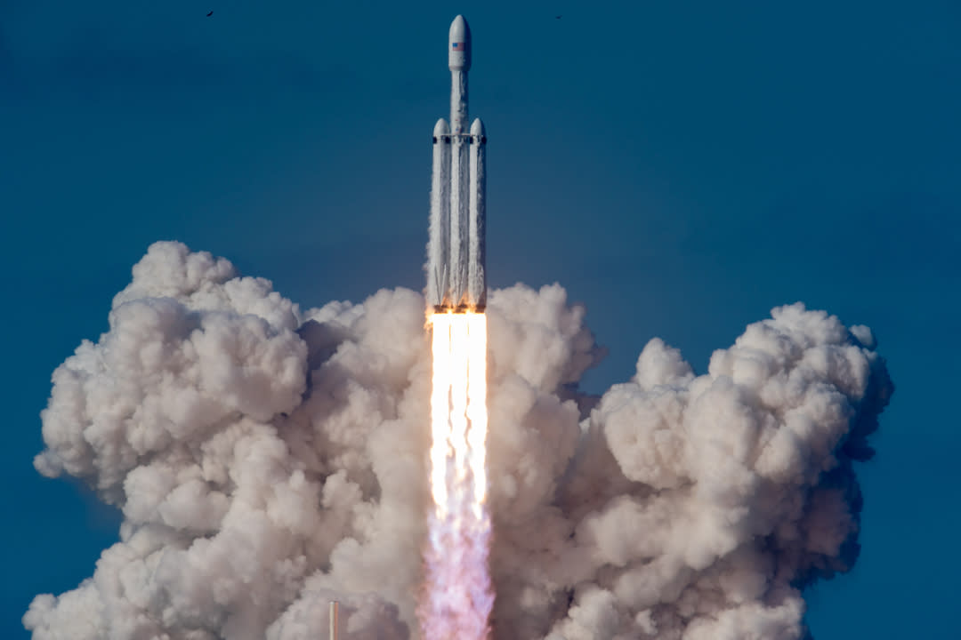  The Falcon Heavy rocket taking off from Launch Pad 39A at NASA's Kennedy Space Center on Feb. 6, 2018.  