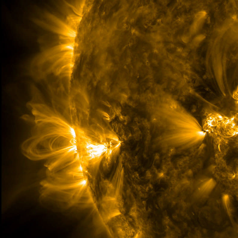 This image taken by NASA's Solar Dynamics Observatory shows a profile view of <a href="http://www.nasa.gov/content/coronal-loops-in-an-active-region-of-the-sun/#.VI8g9ifwNBJ" target="_blank">coronal loops</a>. Coronal loops are found around sunspots and in active regions.