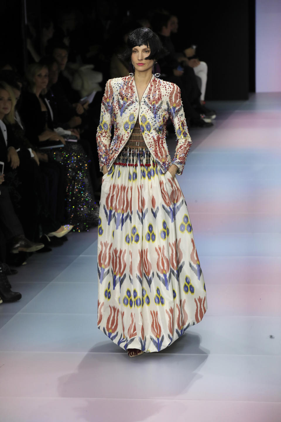 A model wears a creation for the Armani Prive Haute Couture Spring/Summer 2020 fashion collection presented Tuesday Jan. 21, 2020 in Paris. (AP Photo/Michel Euler)